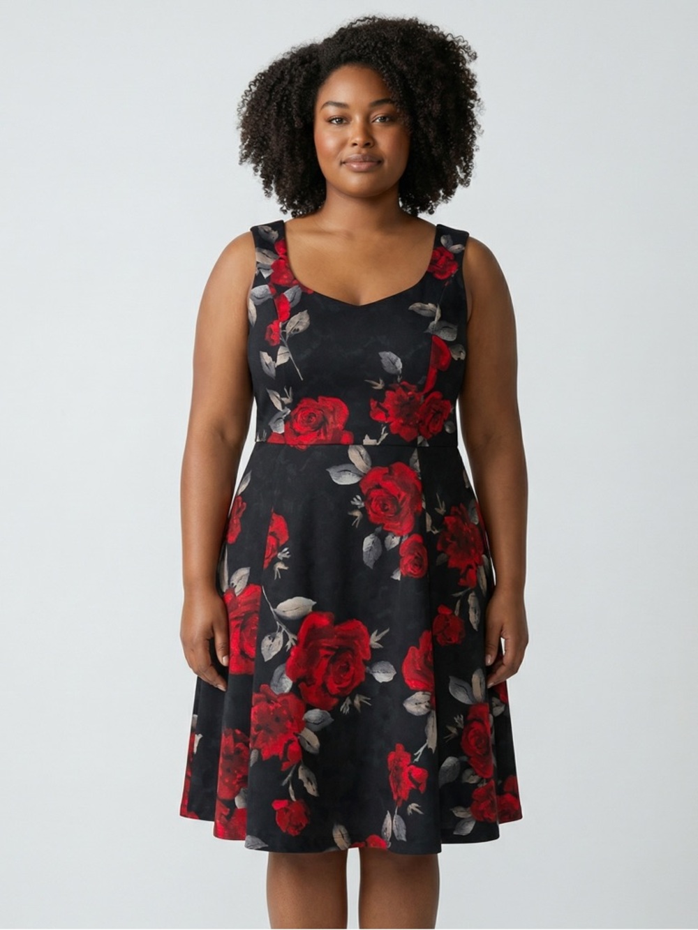 White House Black Market Black Midi Dress with Red Rose Pattern